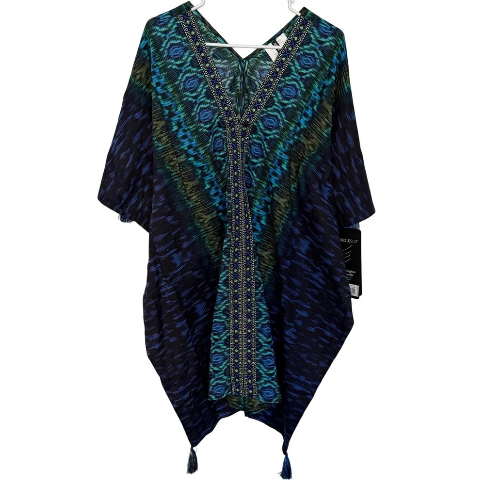MiracleSuit Blue Multi Caftan Cover Up Tunic Dress Embellished Tassels M NWT